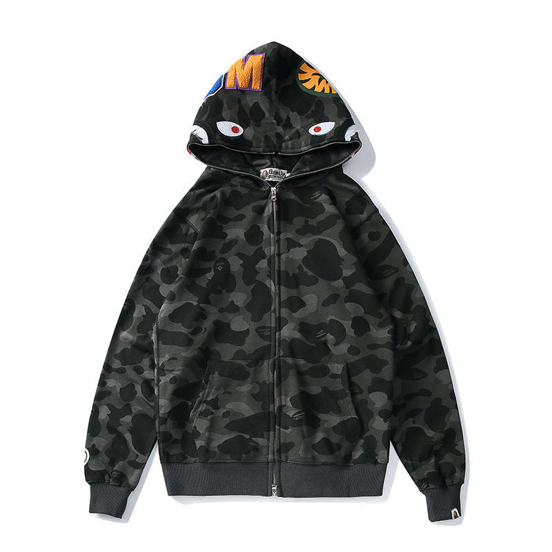Bathing Ape Autumn and Winter Men's and Women's Pure Cotton Shark Head 3D Camouflage Printing Brushed Hoody Hoodie