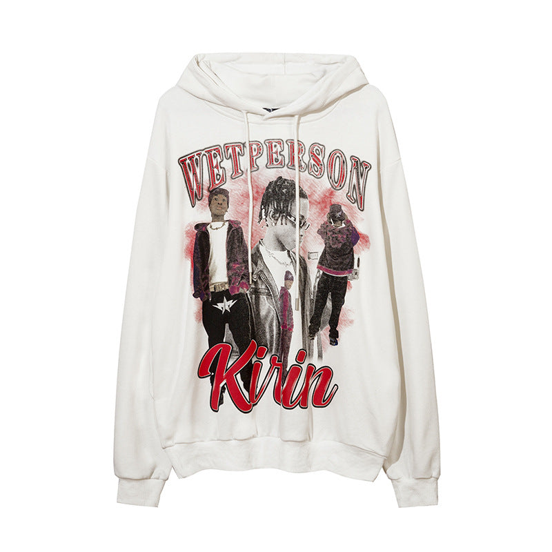 Man Fall Outfits Hip Hop Printed Hoodie Men's and Women's Pullover Black White Autumn and Winter