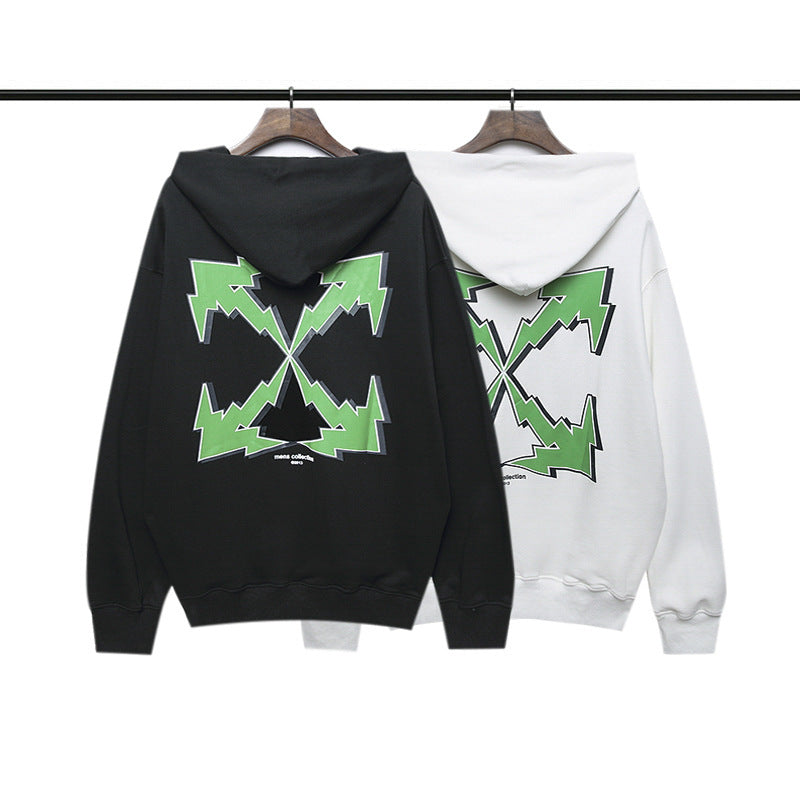off White Hoodie Green Arrow Print Pullover Loose Hooded Sweater