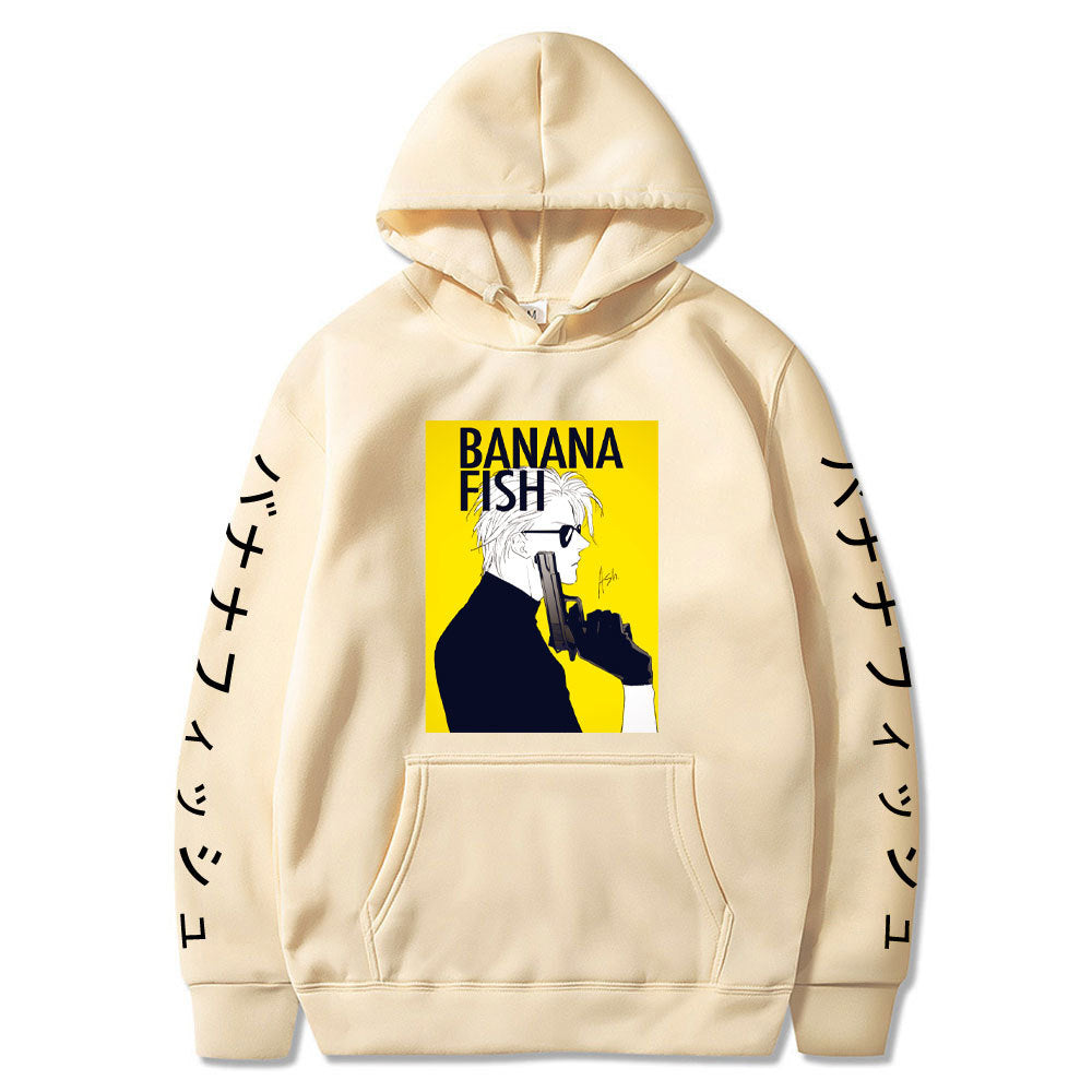 Anime Hoddies Banana Fish Print Loose Hoodie Velvet Padded Hooded Sweatshirt Men and Women