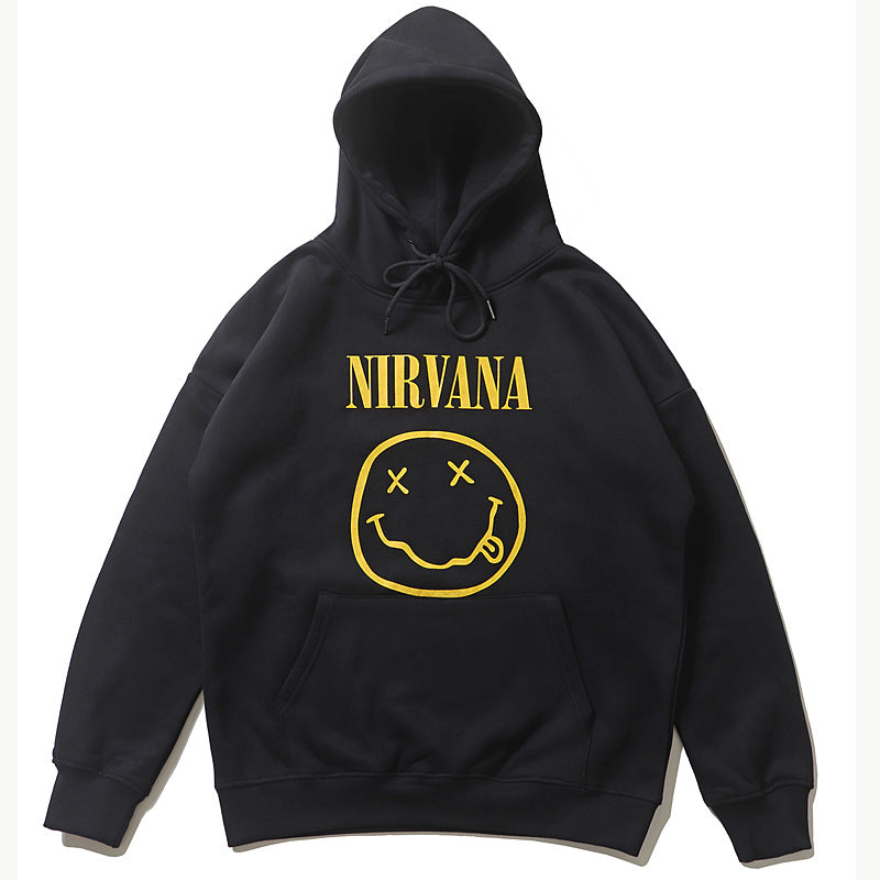 Nirvana Hoodie Hip Hop Retro Smiling Face Velvet Padded Hooded Sweatshirt Fog