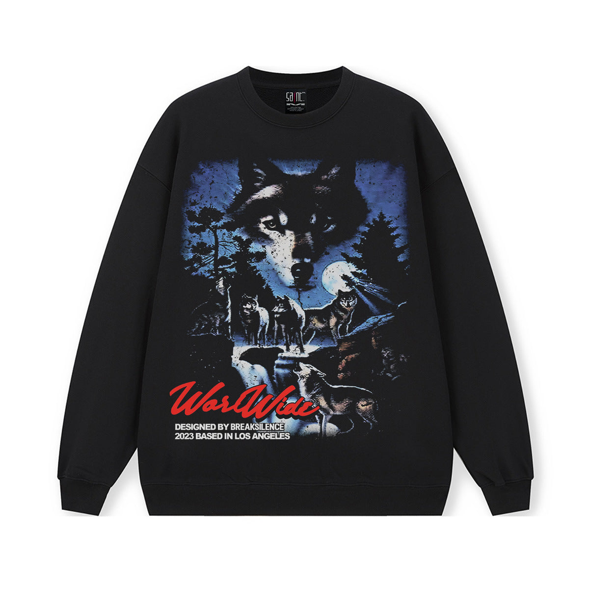 Vintage Hoodie Silver Wolf Night Vintage Printed Hooded Sweater Fall/Winter Crew Neck