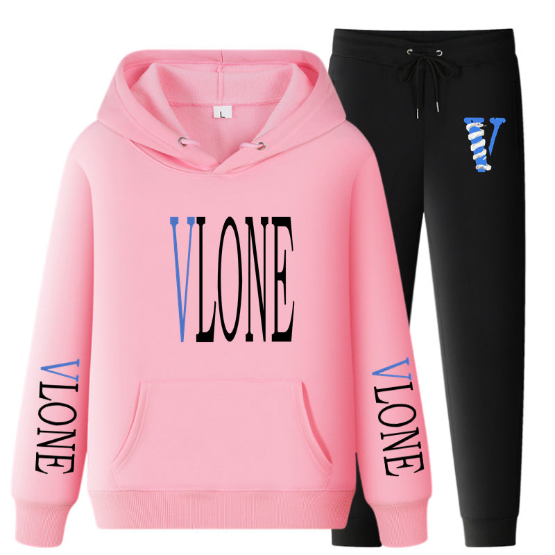 Vlone Hoodie & Pants 2 Piece Set Printed Casual Sports Loose Suit