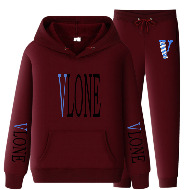 Vlone Hoodie & Pants 2 Piece Set Sweatshirt Autumn Print Baggy Coat