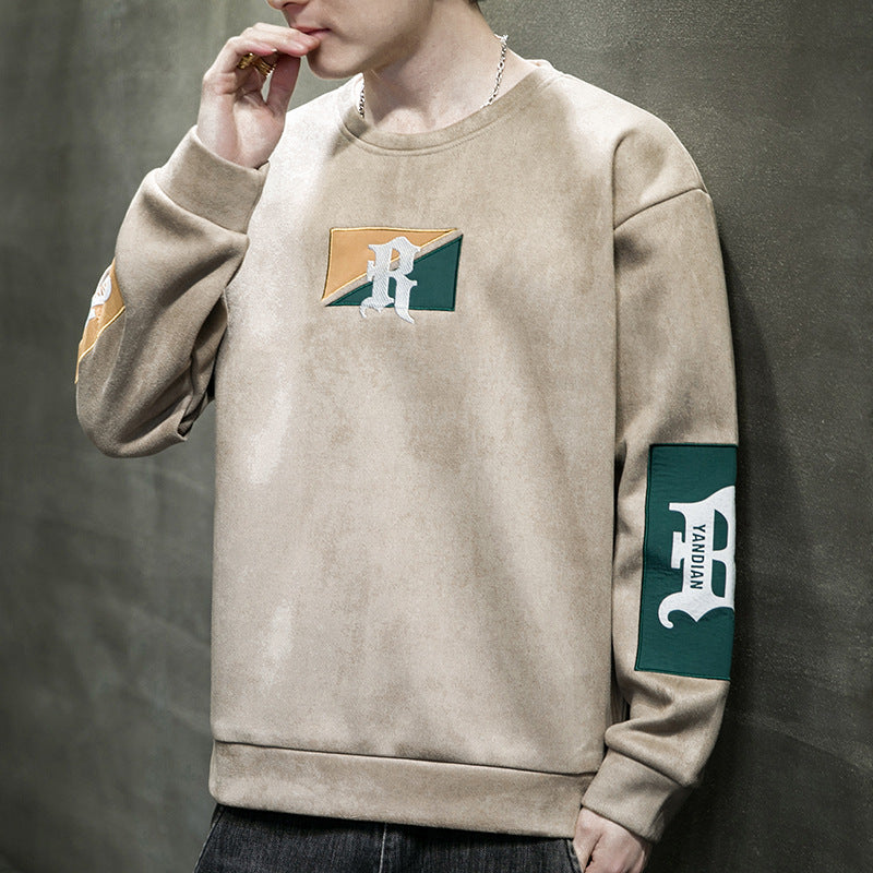 Men Hoodie Deerskin Velvet Embroidery Loose Casual