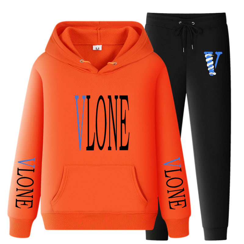 Vlone Hoodie & Pants 2 Piece Set Printed Casual Sports Loose Suit