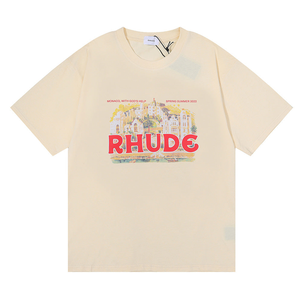 Rhude T Shirt Micro Label Castle Letter Logo Pattern Short Sleeve T-Shirt Loose