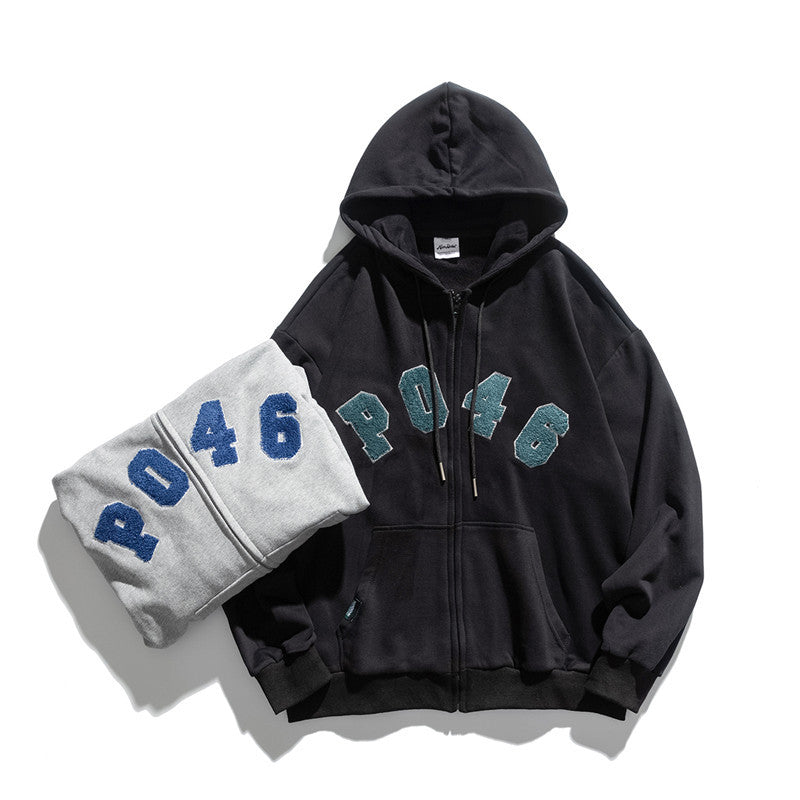 Man Fall Outfis Autumn Simple Flocking Letter Embroidery Casual Cardigan Sweater for Boys Loose Hoodie