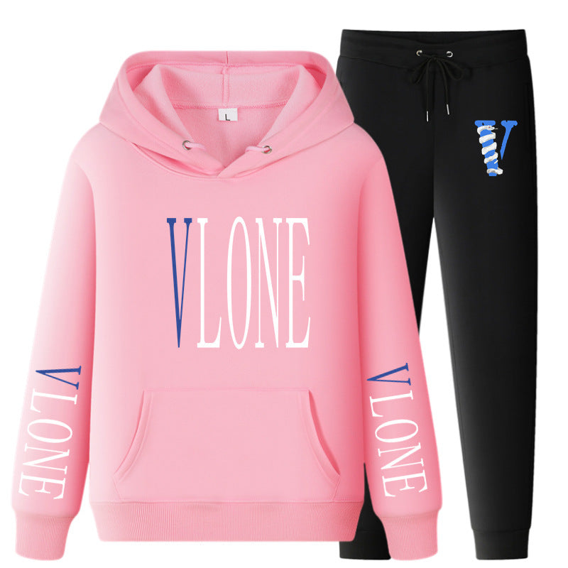Vlone Hoodie & Pants 2 Piece Set Printed Casual Sports Loose Suit