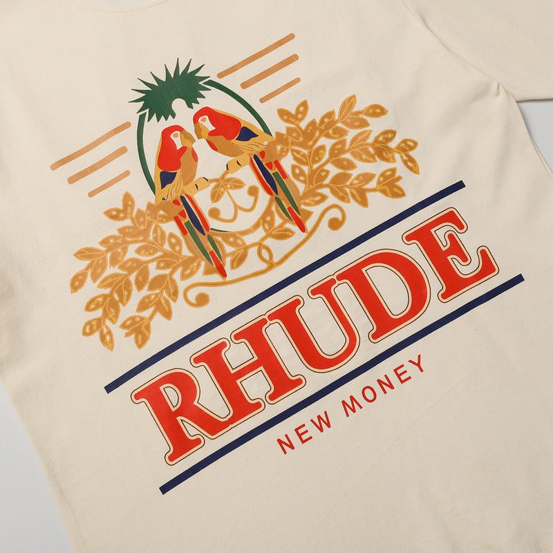 Rhude T Shirt Parrot Wheat Ear Letter Print Short Sleeve T-Shirt