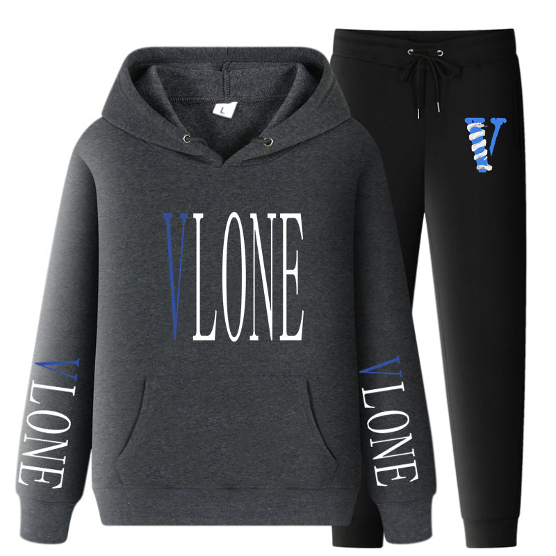 Vlone Hoodie & Pants 2 Piece Set Printed Casual Sports Loose Suit