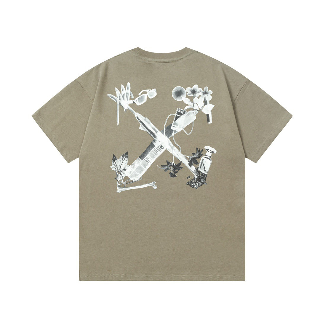 Off White T Shirts OW Headphones Flower Pattern Crew Neck Pullover Short Sleeves