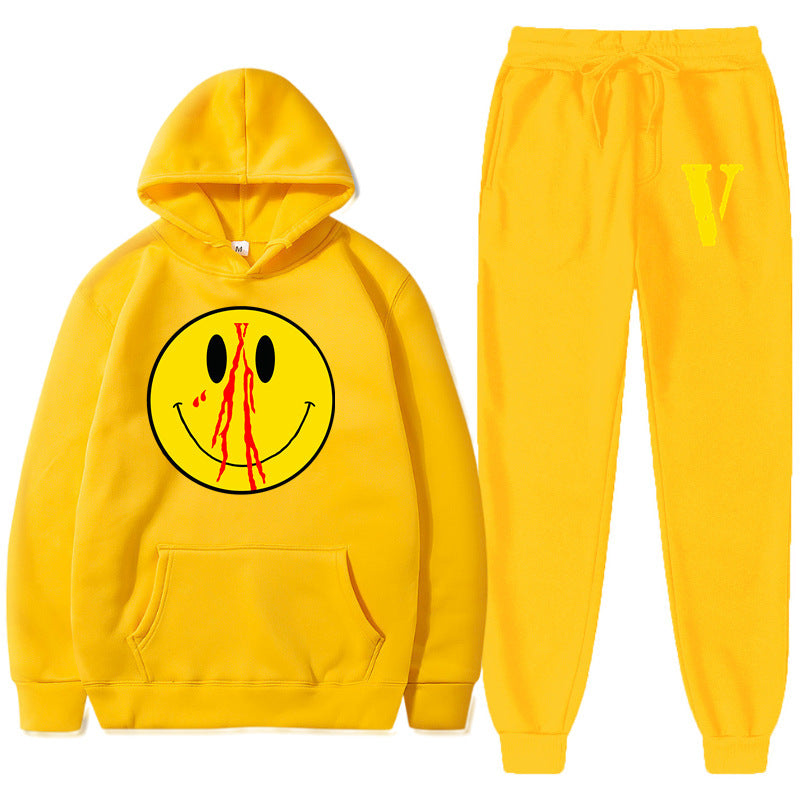 Vlone Hoodie & Pants 2 Piece Men'S Spring And Autumn Print Smiley Pullover Sweater