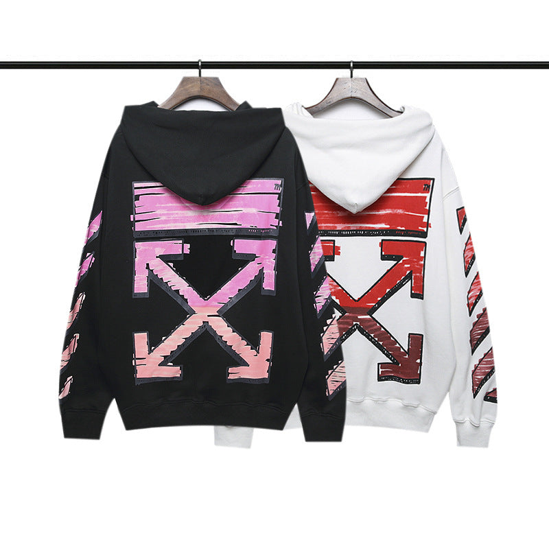 off White Hoodie Autumn and Winter Graffiti Arrow Print Long Sleeve Hooded Sweater