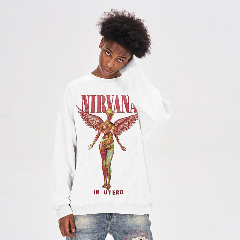 Nirvana Hoodie Retro Angel Print Loose Round Neck Sweater