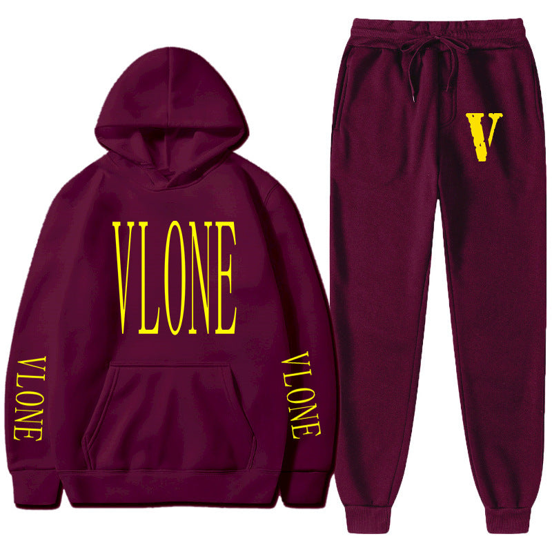 Vlone Hoodie & Pants 2 Piece Set Printed Sweater Loose Hooded Sweater Casual