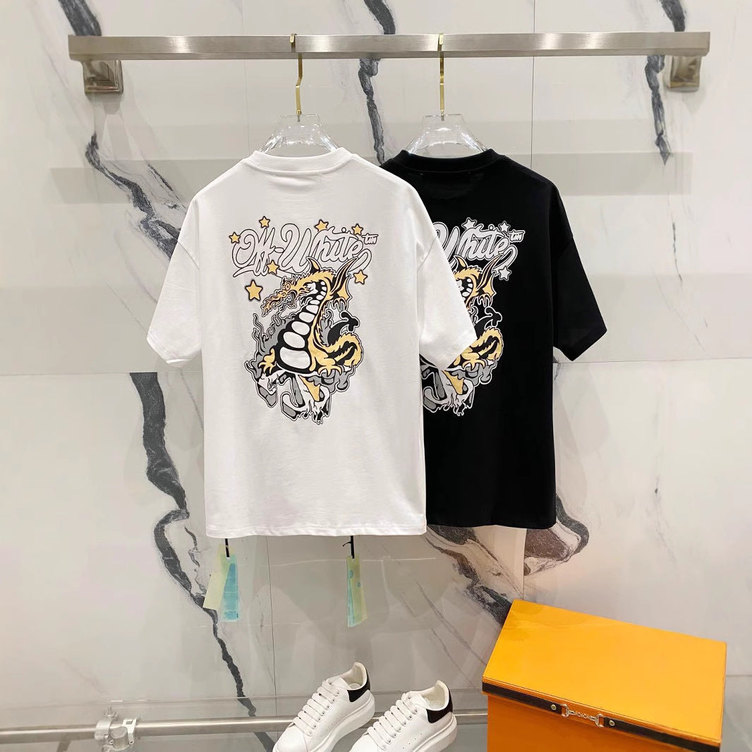 Off White T Shirts OW Dragon Letter Pattern Crew Neck Pullover Short Sleeves