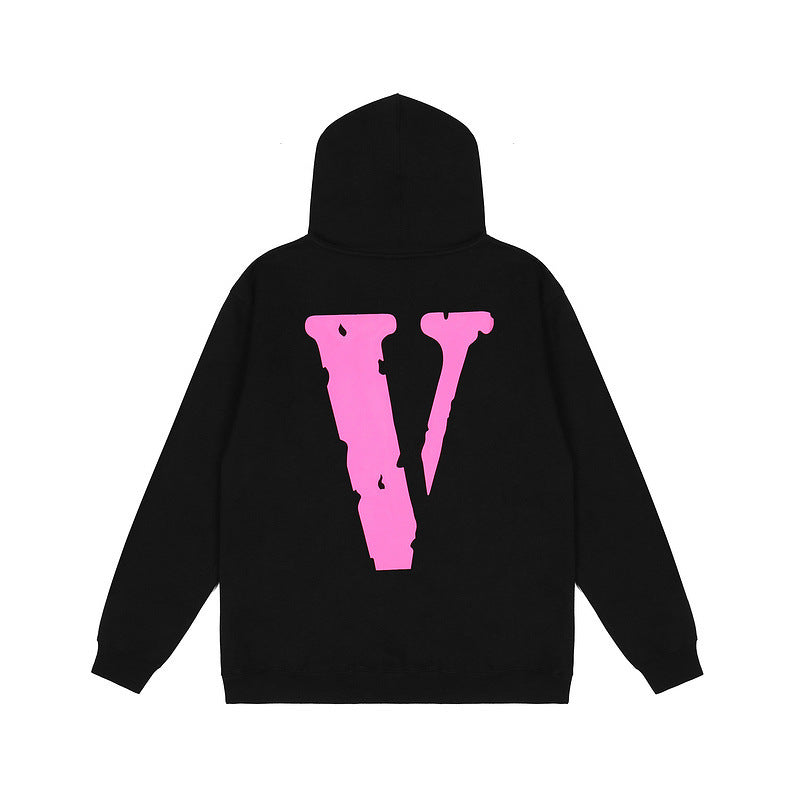 Vlone Hoodie Autumn And Winter Pink Big V Ribbed Pattern At Hem Terry Hoodie