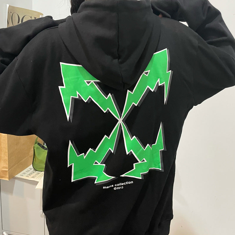 off White Hoodie Green Arrow Print Loose Hooded Sweater Base Shirt