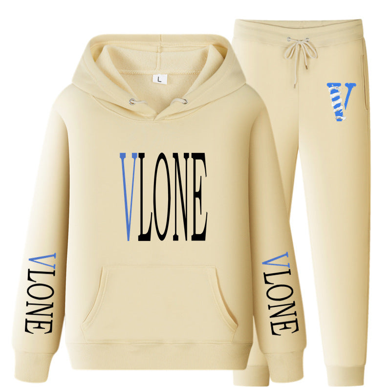 Vlone Hoodie & Pants 2 Piece Set Sweatshirt Autumn Print Baggy Coat