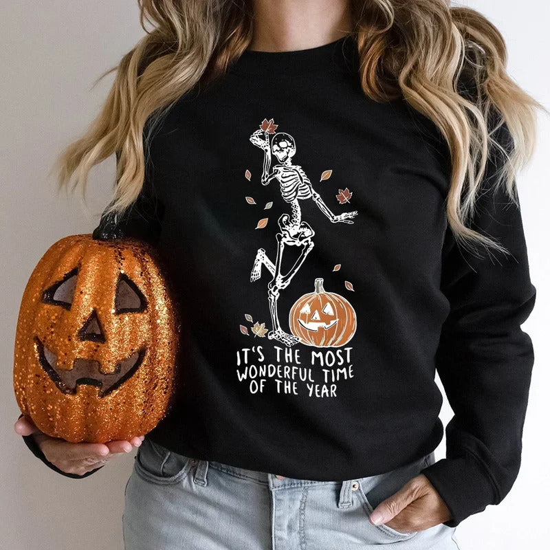 Pius size Halloween Skeleton Pumpkin Print Hoodies