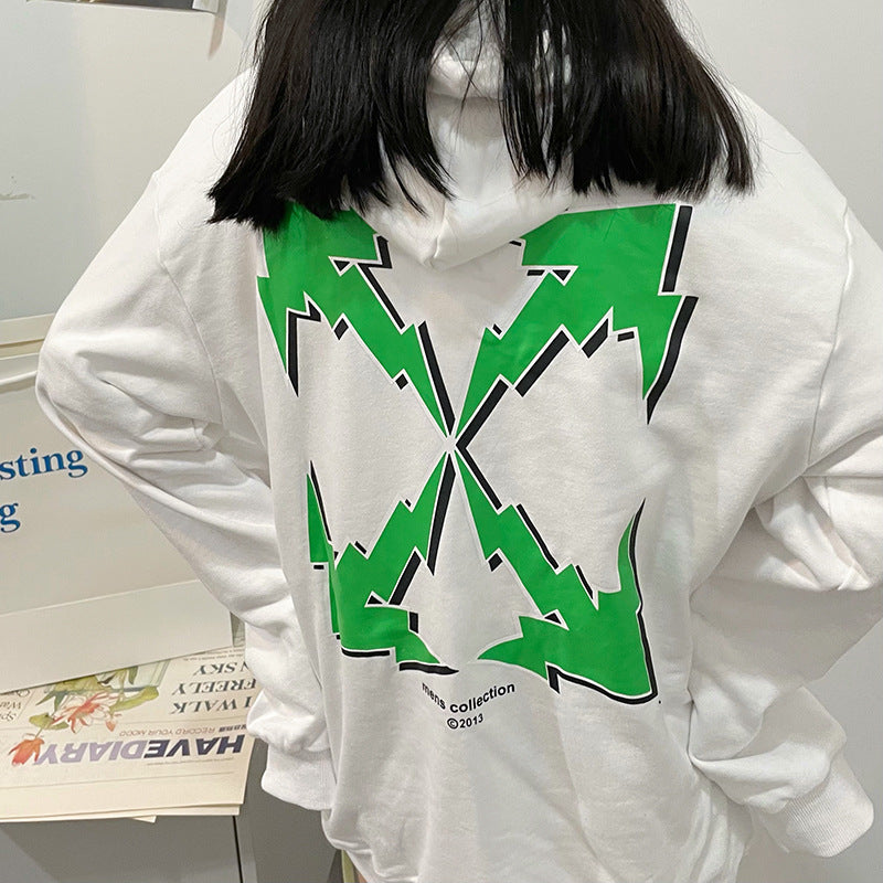 off White Hoodie Green Arrow Print Loose Hooded Sweater Base Shirt