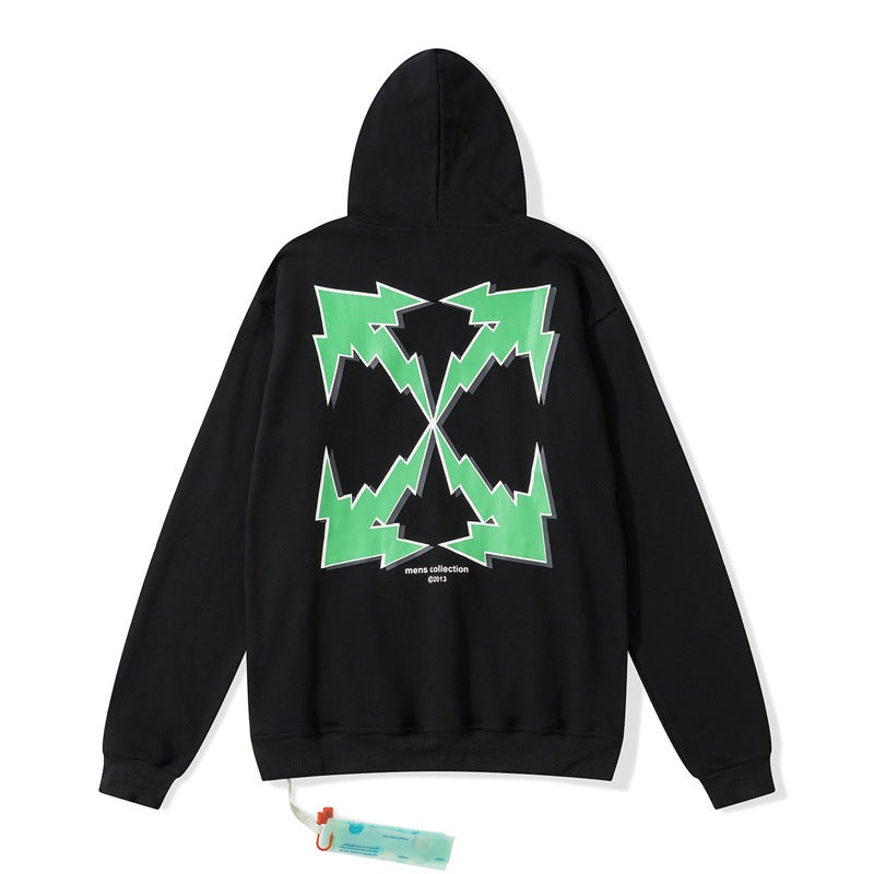 off White Hoodie Green Arrow Print Loose Hooded Sweater Base Shirt