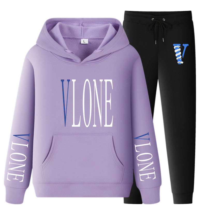 Vlone Hoodie & Pants 2 Piece Set Printed Casual Sports Loose Suit