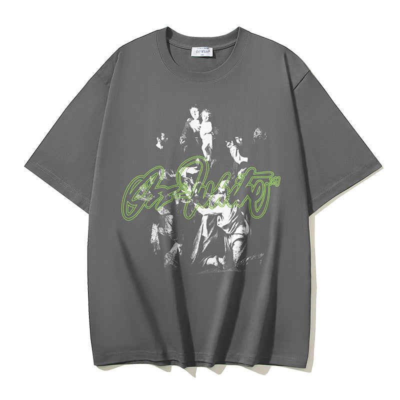 Off White T Shirts OW Vintage Oil Painting Portrait Crew Neck Pullover Short Sleeves