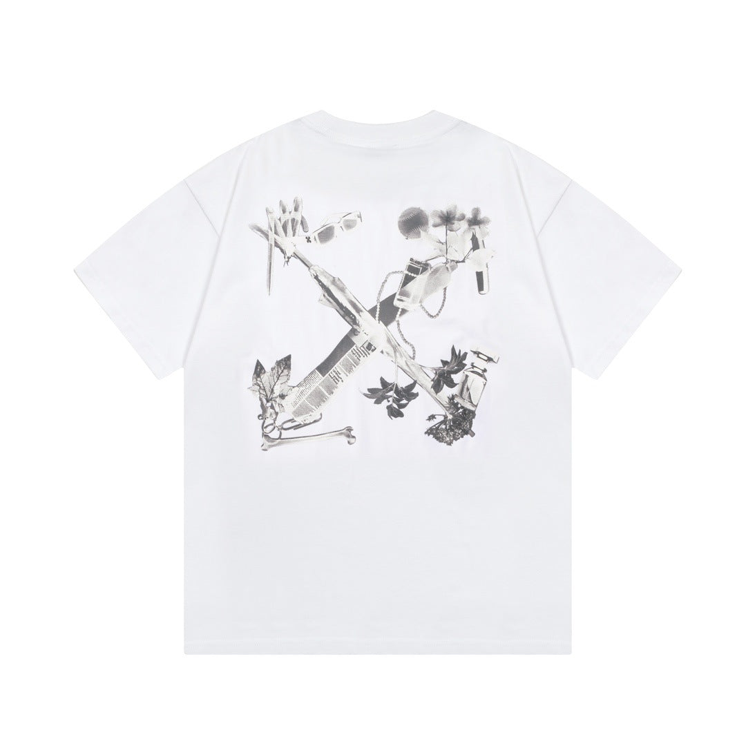 Off White T Shirts OW Headphones Flower Pattern Crew Neck Pullover Short Sleeves