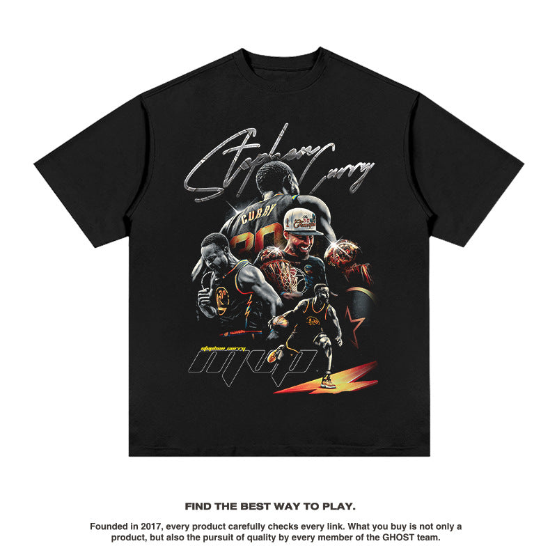 Nba T Shirt Curry Basketball Character Print Short Sleeve Men and Women Heavy Loose