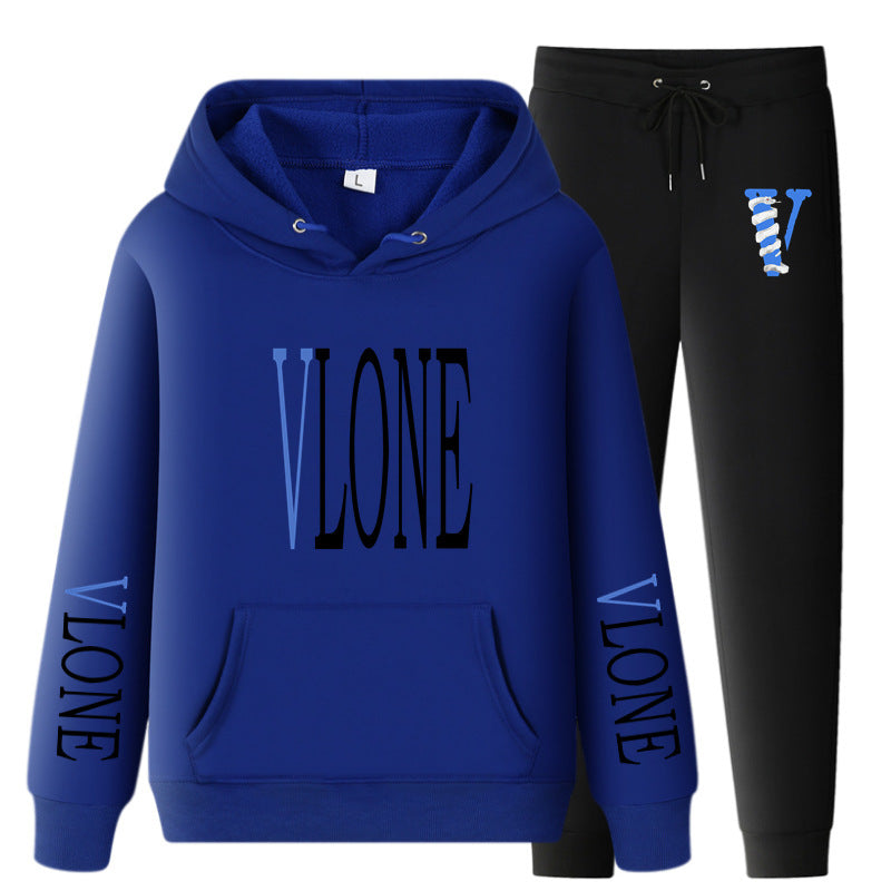 Vlone Hoodie & Pants 2 Piece Set Printed Casual Sports Loose Suit