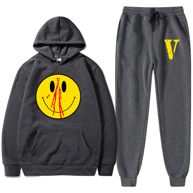 Vlone Hoodie & Pants 2 Piece Men'S Spring And Autumn Print Smiley Pullover Sweater