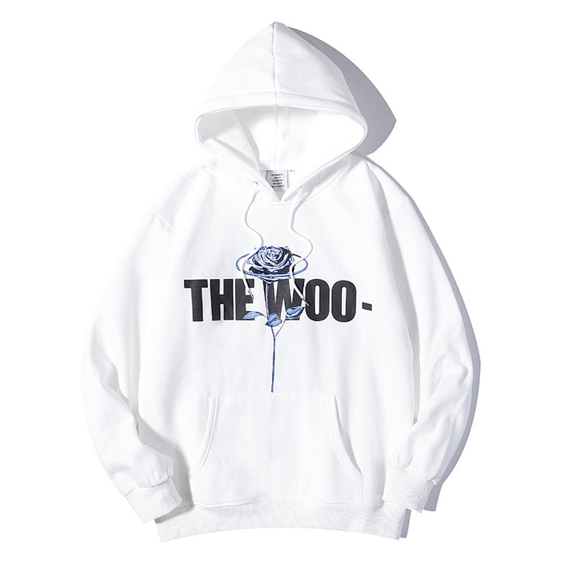 Pop Smoke Hoodies Rose Print Loose Hooded plus Velvet