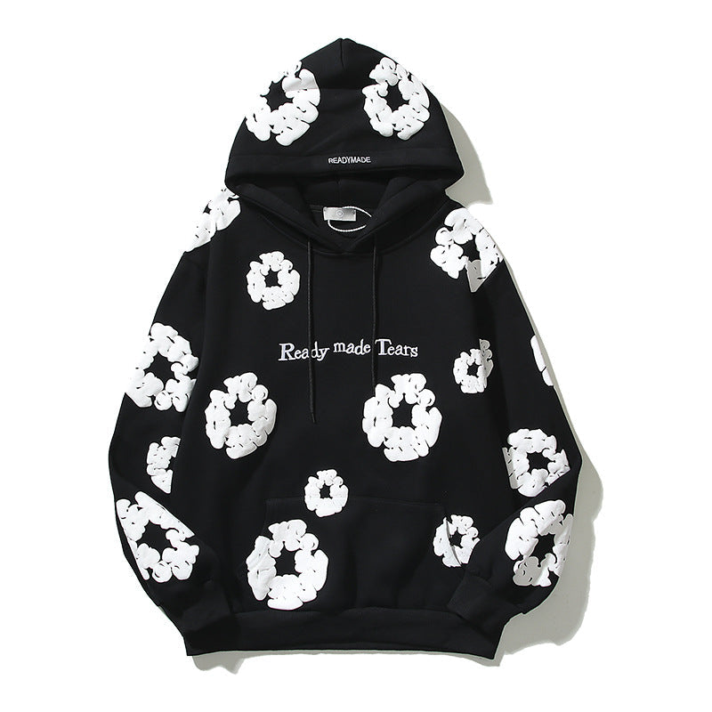 Kanye West Denim Tears Sunday Service Hoodie Autumn Winter Retro Three-Dimensional Foam Flower Print Embroidered Hoodie