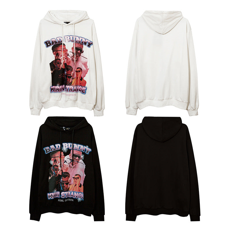 Man Fall Outfits Hip Hop Printed Hoodie Men's and Women's Pullover Black White Autumn and Winter