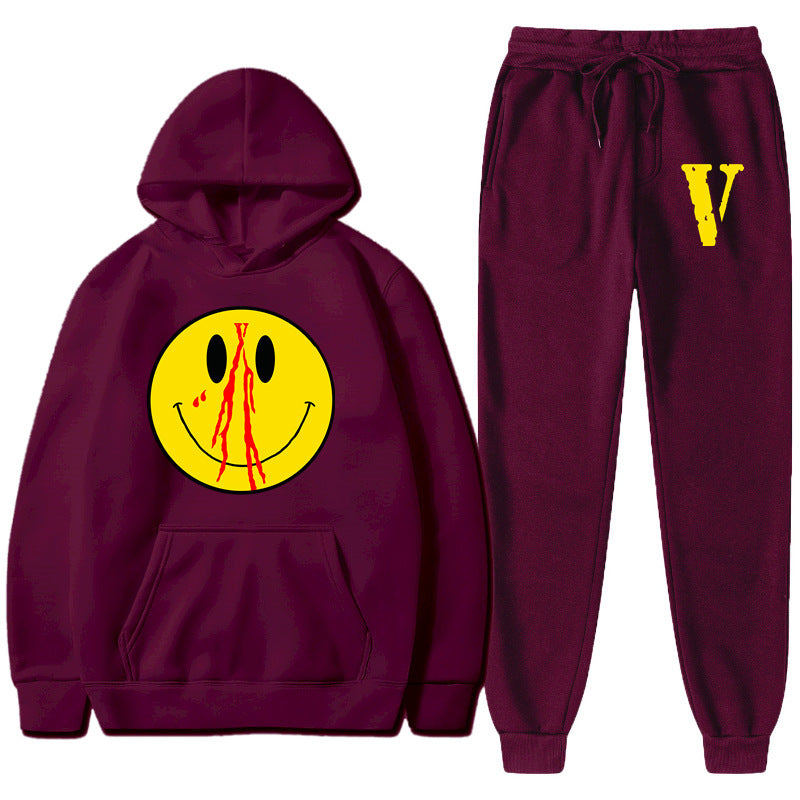 Vlone Hoodie & Pants 2 Piece Men'S Spring And Autumn Print Smiley Pullover Sweater