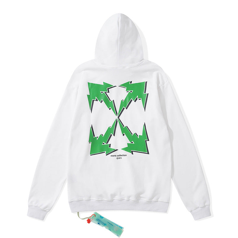 off White Hoodie Green Arrow Print Loose Hooded Sweater Base Shirt