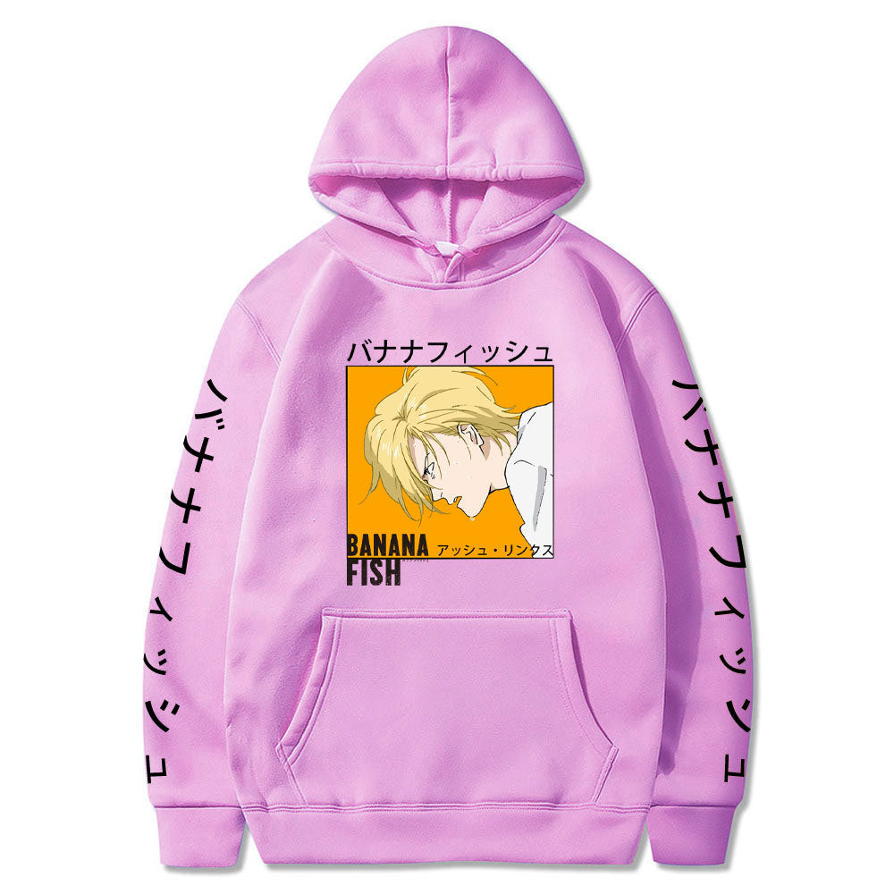 Anime Hoddies Banana Fish Print Loose Hoodie Velvet Padded Hooded Sweatshirt Men and Women