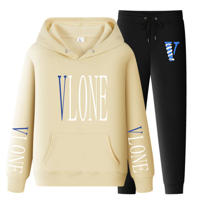 Vlone Hoodie & Pants 2 Piece Set Printed Casual Sports Loose Suit