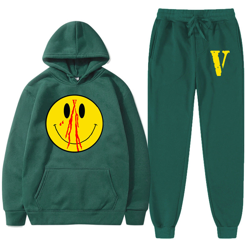 Vlone Hoodie & Pants 2 Piece Men'S Spring And Autumn Print Smiley Pullover Sweater