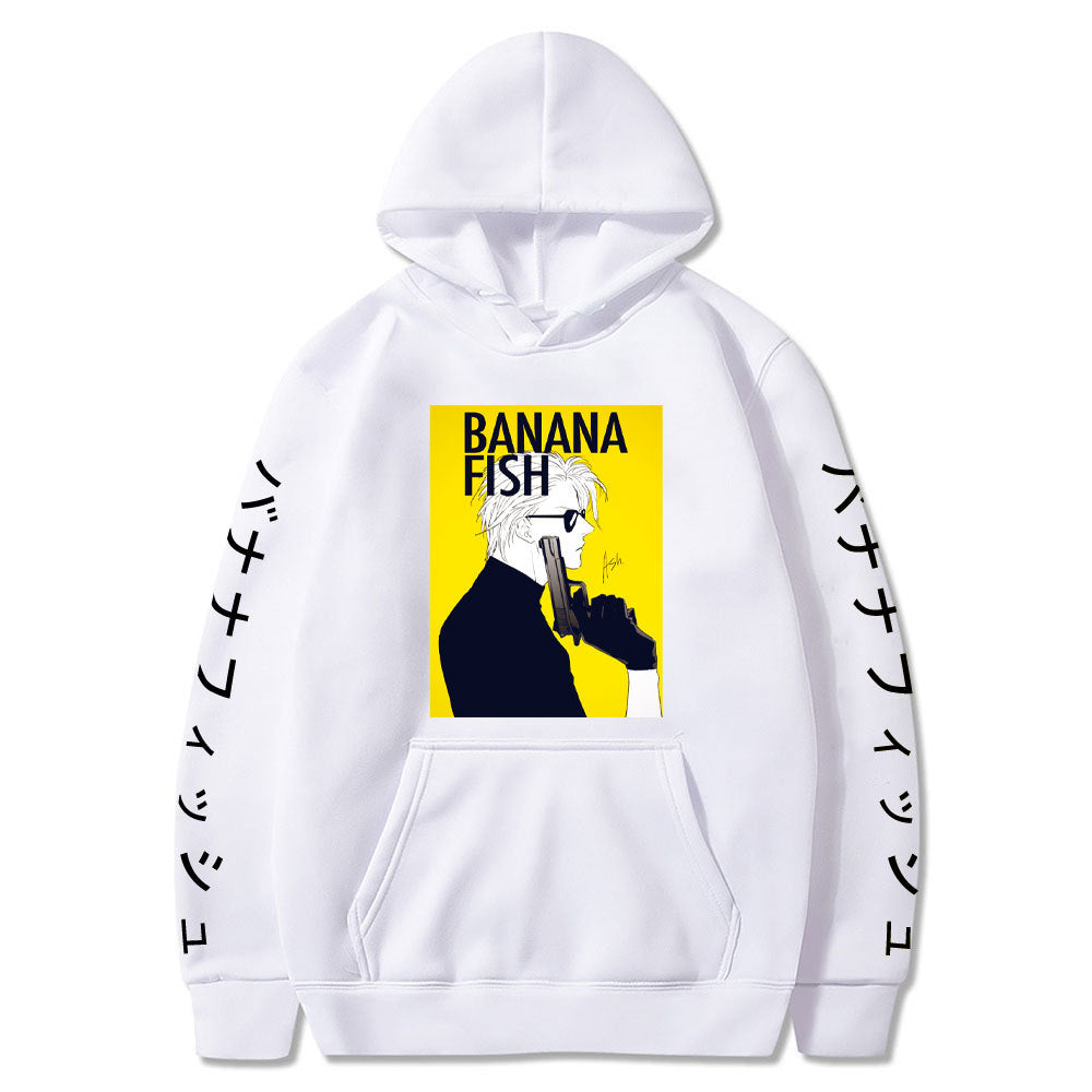 Anime Hoddies Banana Fish Print Loose Hoodie Velvet Padded Hooded Sweatshirt Men and Women