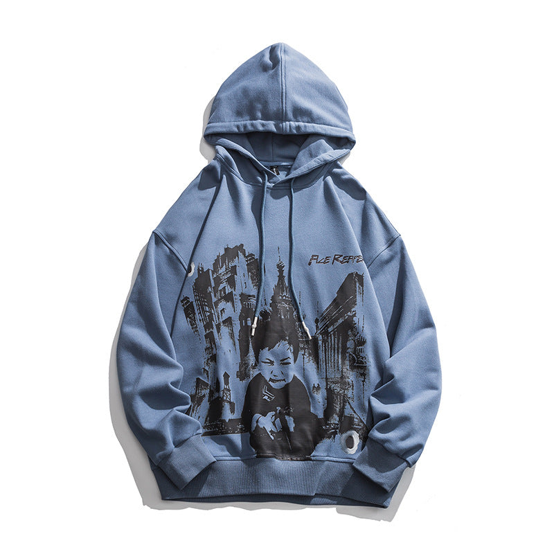 Man Fall Outfis Autumn Hip Hop Printed Hoodie Loose Top