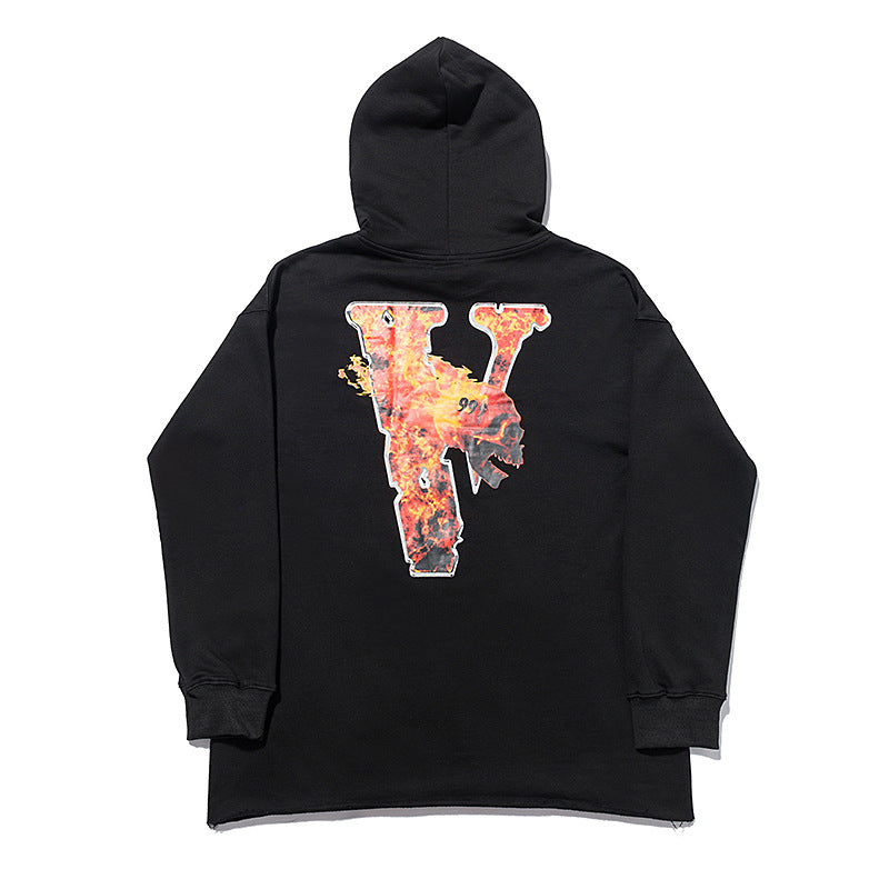 Vlone Hoodie Flame Skull Large V Print Loose Hip Hop Men'S And Women'S Hoodie