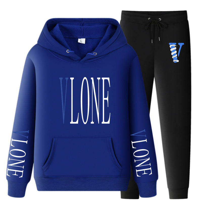Vlone Hoodie & Pants 2 Piece Set Printed Casual Sports Loose Suit