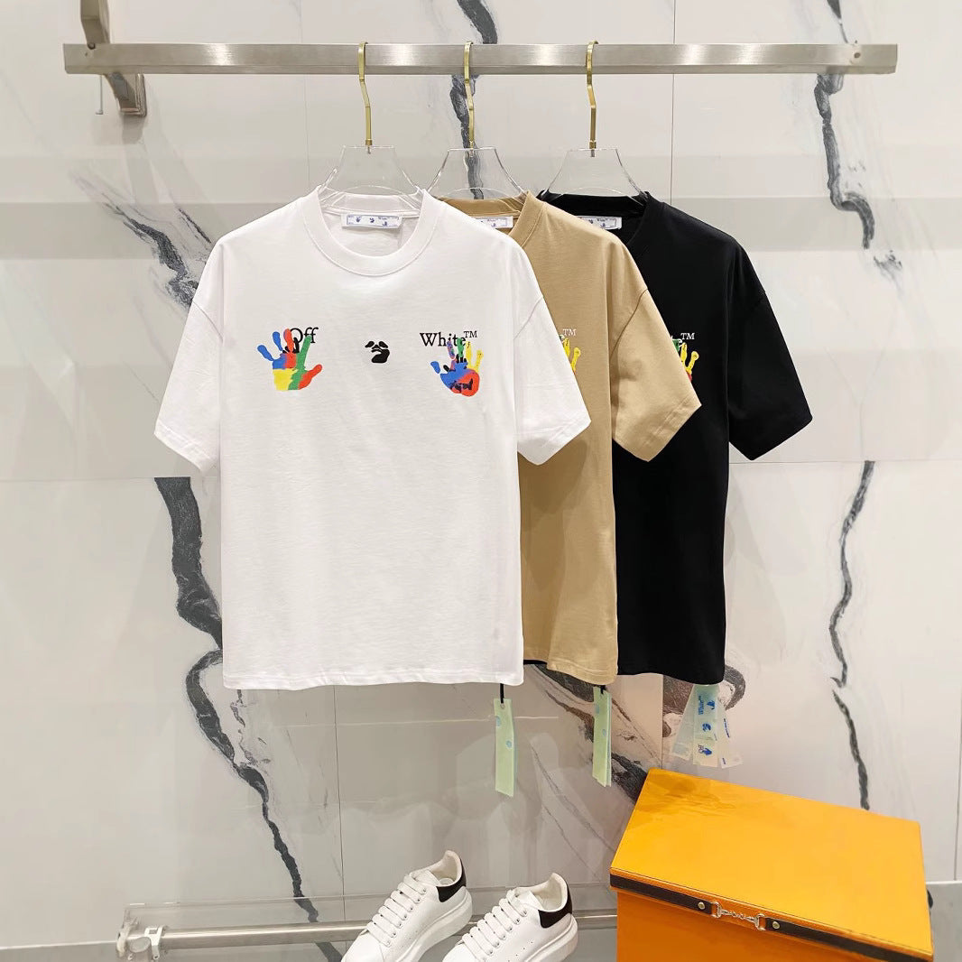 Off White T Shirts OW Color Palm Letter Crew Neck Pullover Short Sleeves