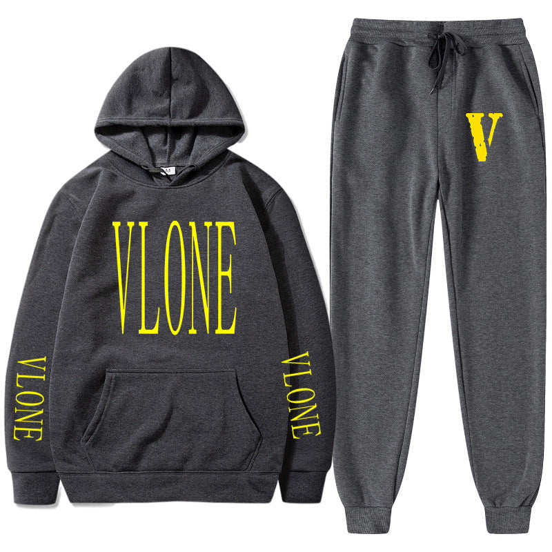 Vlone Hoodie & Pants 2 Piece Set Printed Sweater Loose Hooded Sweater Casual