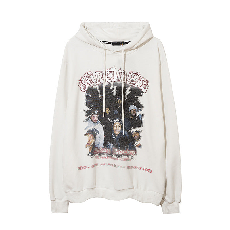 Man Fall Outfits Hip Hop Printed Hoodie Men's and Women's Pullover Black White Autumn and Winter