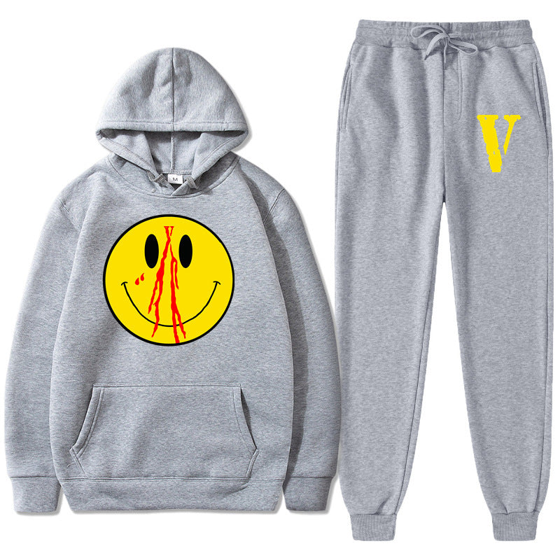 Vlone Hoodie & Pants 2 Piece Men'S Spring And Autumn Print Smiley Pullover Sweater