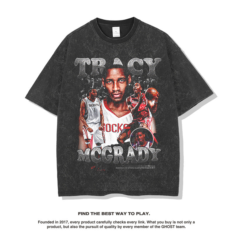 Nba T Shirt Summer Vintage Print Short Sleeves T-shirt Pure Cotton Washed Distressed Top Men